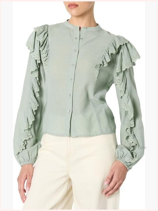 Tops - Dramatic Ruffle Sleeve Cotton Blouse - Loose Fit, Button Front
